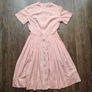 Vintage 1950s 60s Dress Pink Salmon Gingham Dolly Myers No Belt Collared small